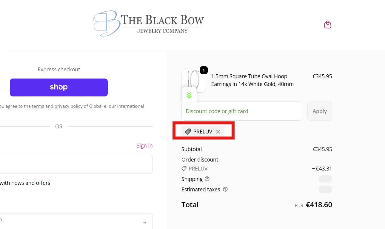 Use Coupon Code PRELUV for 12% OFF Sitewide at Black Bow Jewelry Company